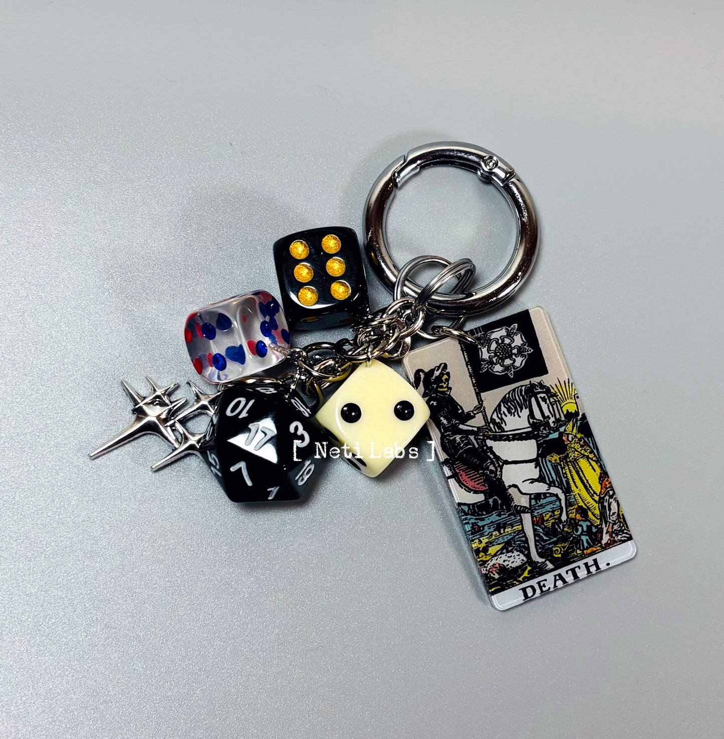 Death Tarot Card Lucky Dice Acrylic Keychain, Rider Waite Tarot Bag Charm Accessory, Dice Decor Gothic Unique Handmade Witchy Gifts