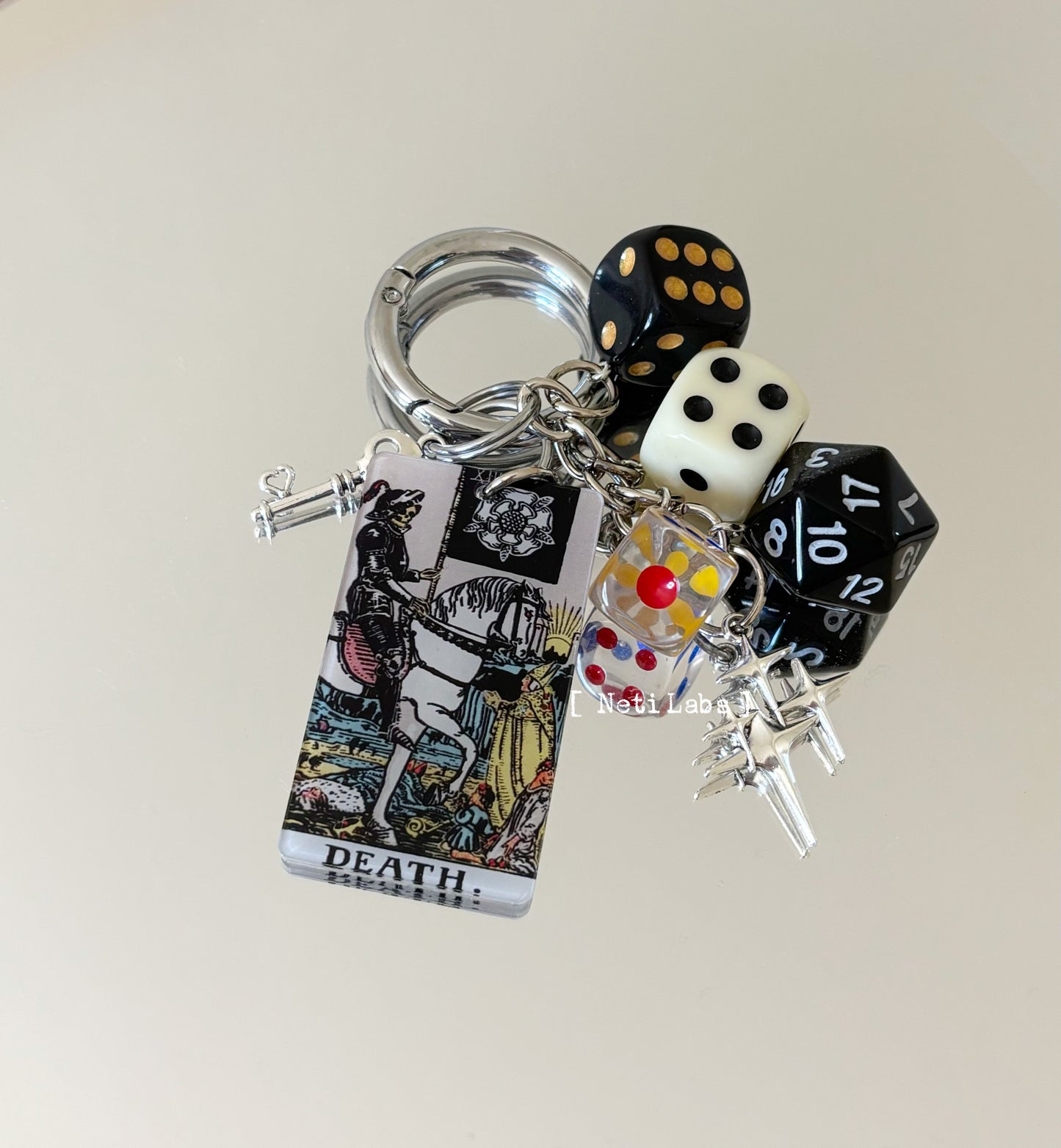 Death Tarot Card Lucky Dice Acrylic Keychain, Rider Waite Tarot Bag Charm Accessory, Dice Decor Gothic Unique Handmade Witchy Gifts