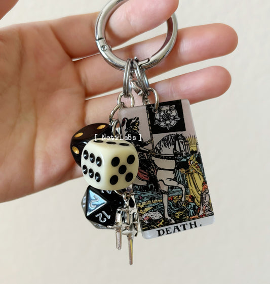 Death Tarot Card Lucky Dice Acrylic Keychain, Rider Waite Tarot Bag Charm Accessory, Dice Decor Gothic Unique Handmade Witchy Gifts