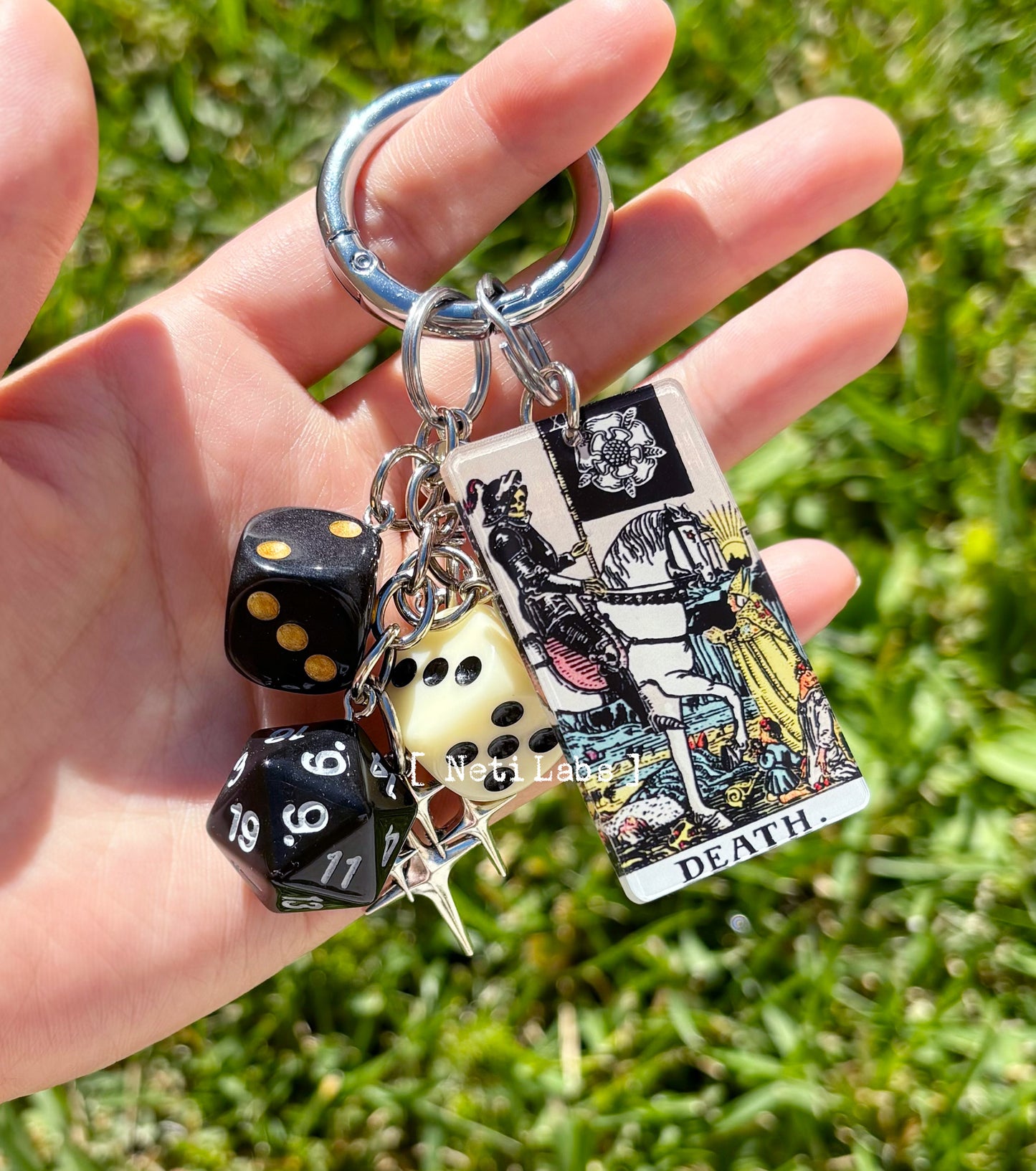 Death Tarot Card Lucky Dice Acrylic Keychain, Rider Waite Tarot Bag Charm Accessory, Dice Decor Gothic Unique Handmade Witchy Gifts