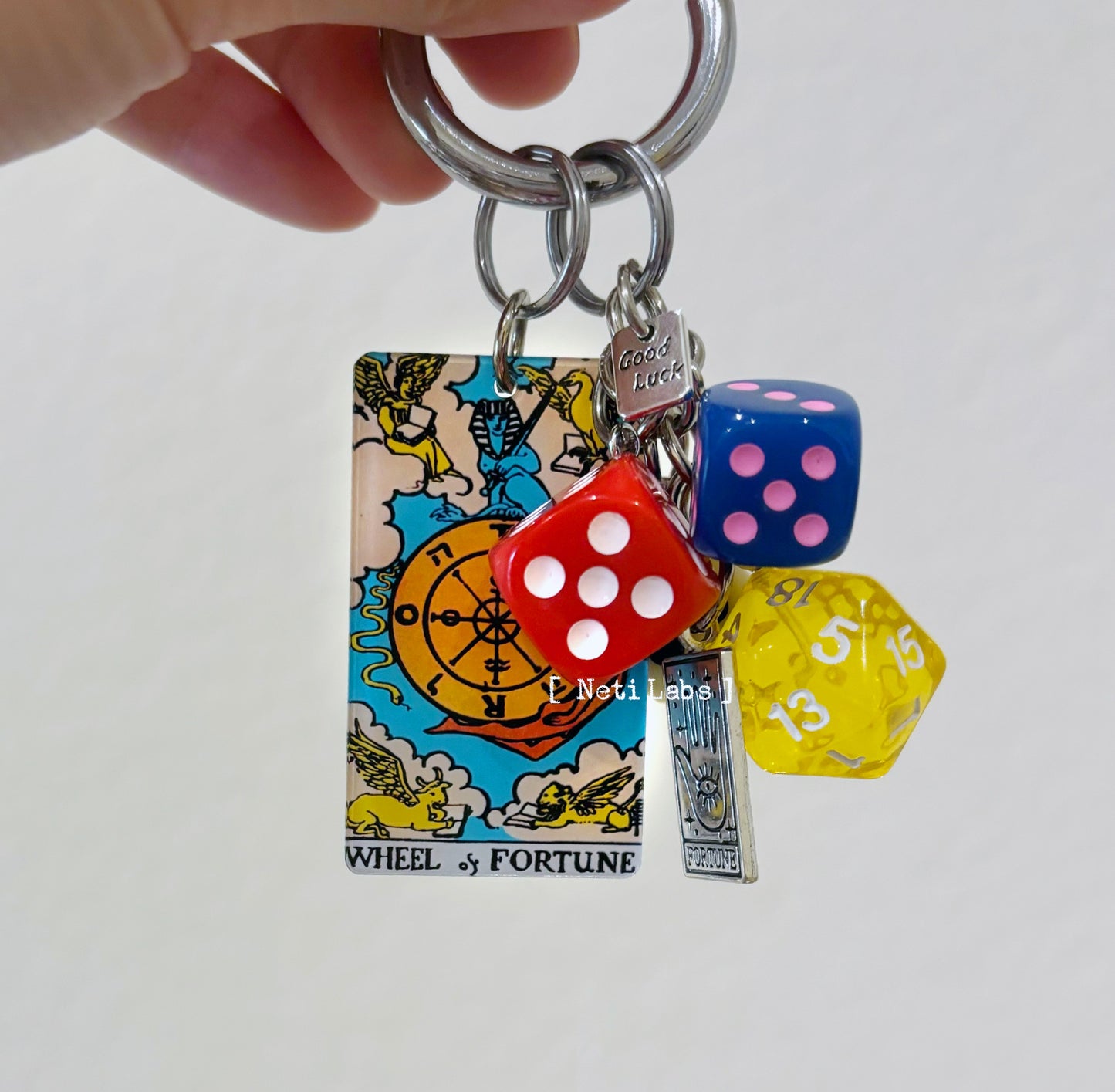 Wheel of fortune Tarot Card Lucky Dice Acrylic Keychain, Rider Waite Tarot Bag Charm, Dice Decor Accessory, Unique Handmade Witchy Gift