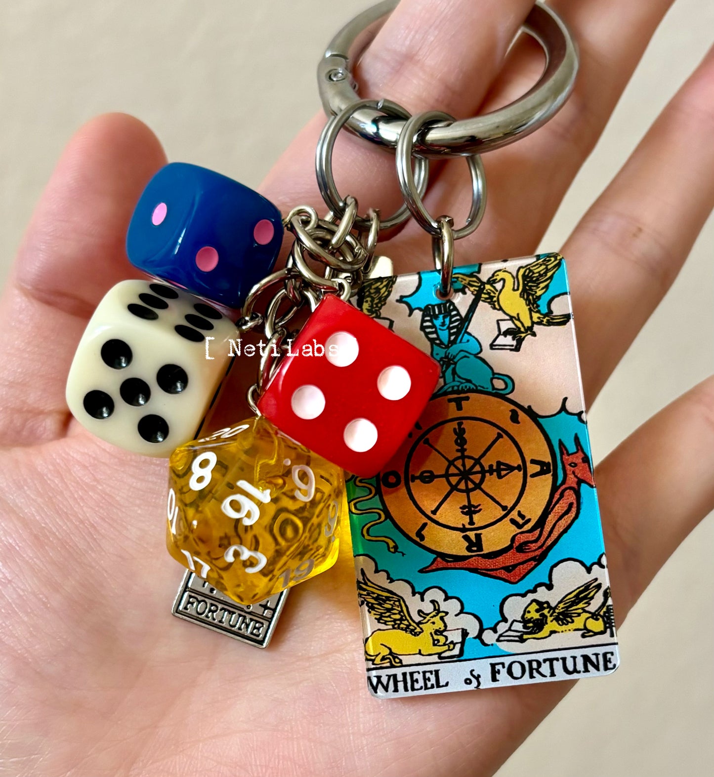 Wheel of fortune Tarot Card Lucky Dice Acrylic Keychain, Rider Waite Tarot Bag Charm, Dice Decor Accessory, Unique Handmade Witchy Gift