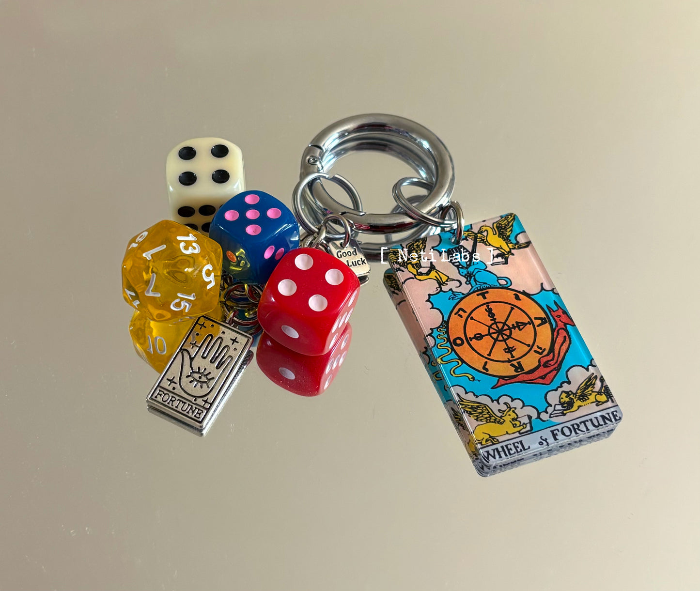 Wheel of fortune Tarot Card Lucky Dice Acrylic Keychain, Rider Waite Tarot Bag Charm, Dice Decor Accessory, Unique Handmade Witchy Gift