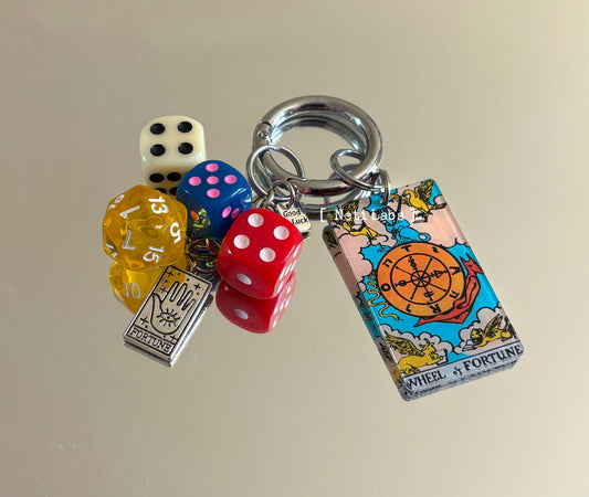 Wheel of fortune Tarot Card Lucky Dice Acrylic Keychain, Rider Waite Tarot Bag Charm, Dice Decor Accessory, Unique Handmade Witchy Gift