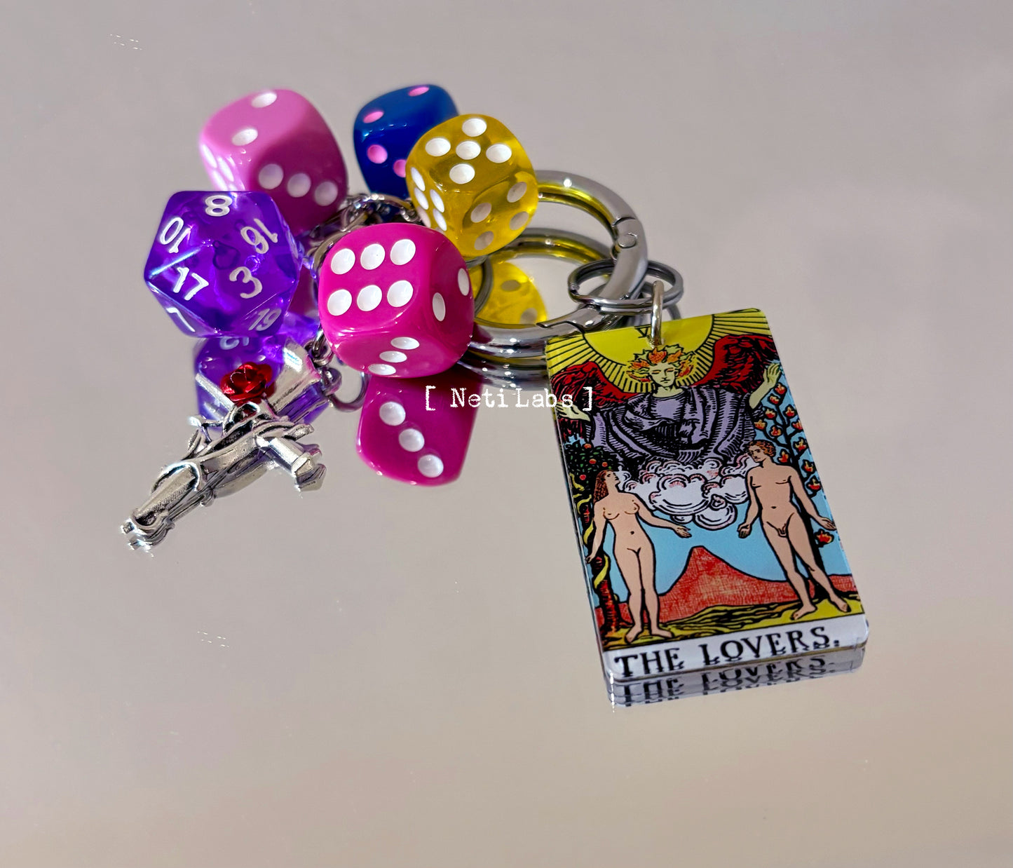 The Lovers Tarot Card Lucky Dice Acrylic Keychain, Rider Waite Tarot Bag Charm, Dice Decor Key Accessory, Valentine's Day Handmade Witchy Gift