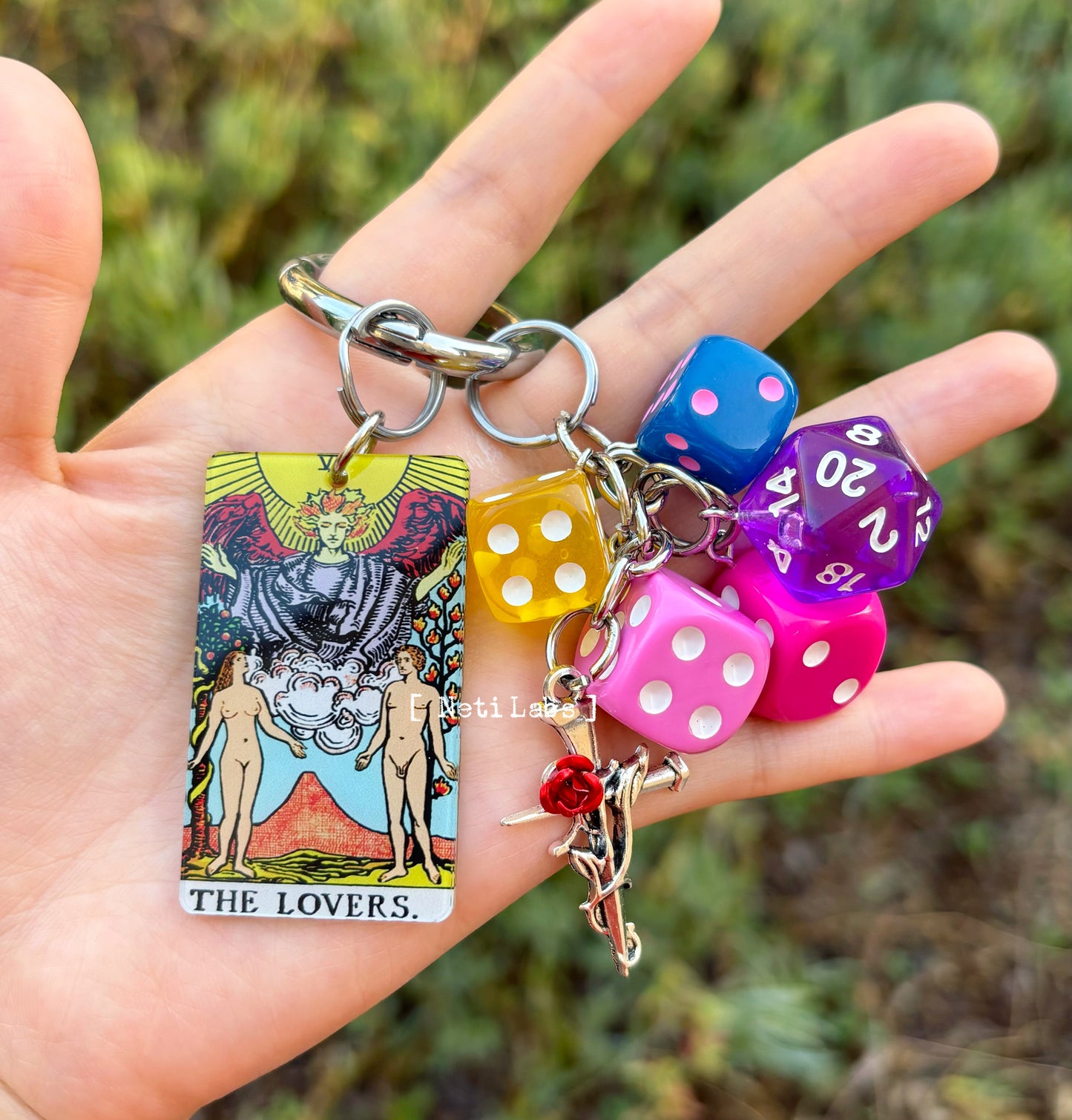 The Lovers Tarot Card Lucky Dice Acrylic Keychain, Rider Waite Tarot Bag Charm, Dice Decor Key Accessory, Valentine's Day Handmade Witchy Gift