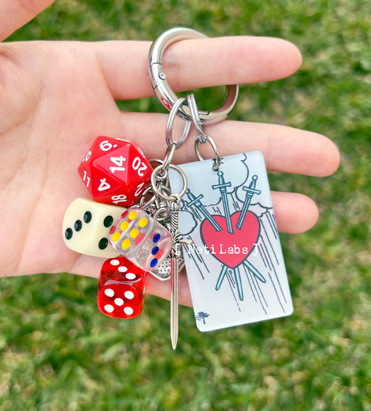 Three of Swords, Tarot Card Lucky Dice Acrylic Keychain, Rider Waite Cute Tarot Bag Charm, Heart Dice Decor Key Accessory, Handmade Witchy Gift