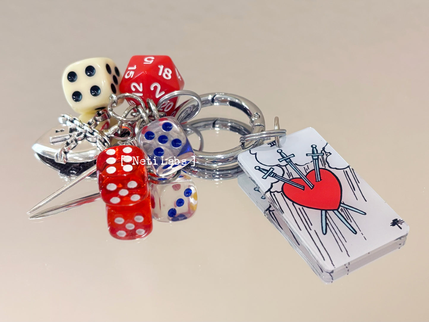 Three of Swords, Tarot Card Lucky Dice Acrylic Keychain, Rider Waite Cute Tarot Bag Charm, Heart Dice Decor Key Accessory, Handmade Witchy Gift