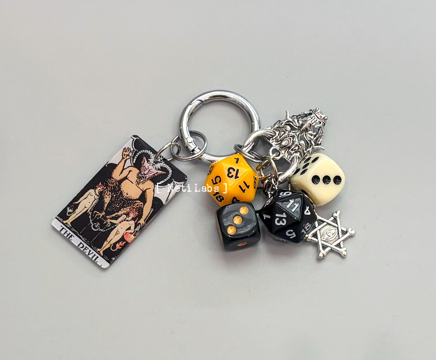 The Devil - Tarot Card Lucky Dice Keychain Acrylic, Rider Waite Tarot Bag Charm, Dice Decor Key Gothic Handmade Witchy Gifts