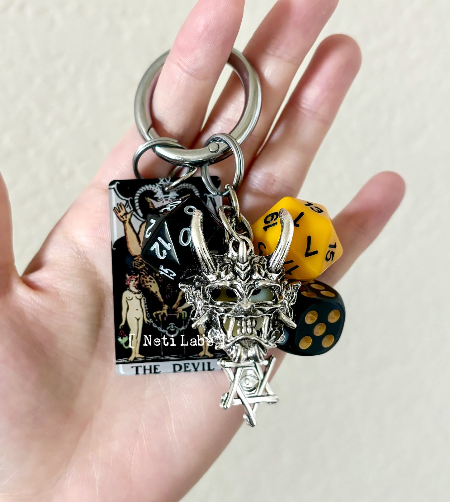 The Devil - Tarot Card Lucky Dice Keychain Acrylic, Rider Waite Tarot Bag Charm, Dice Decor Key Gothic Handmade Witchy Gifts