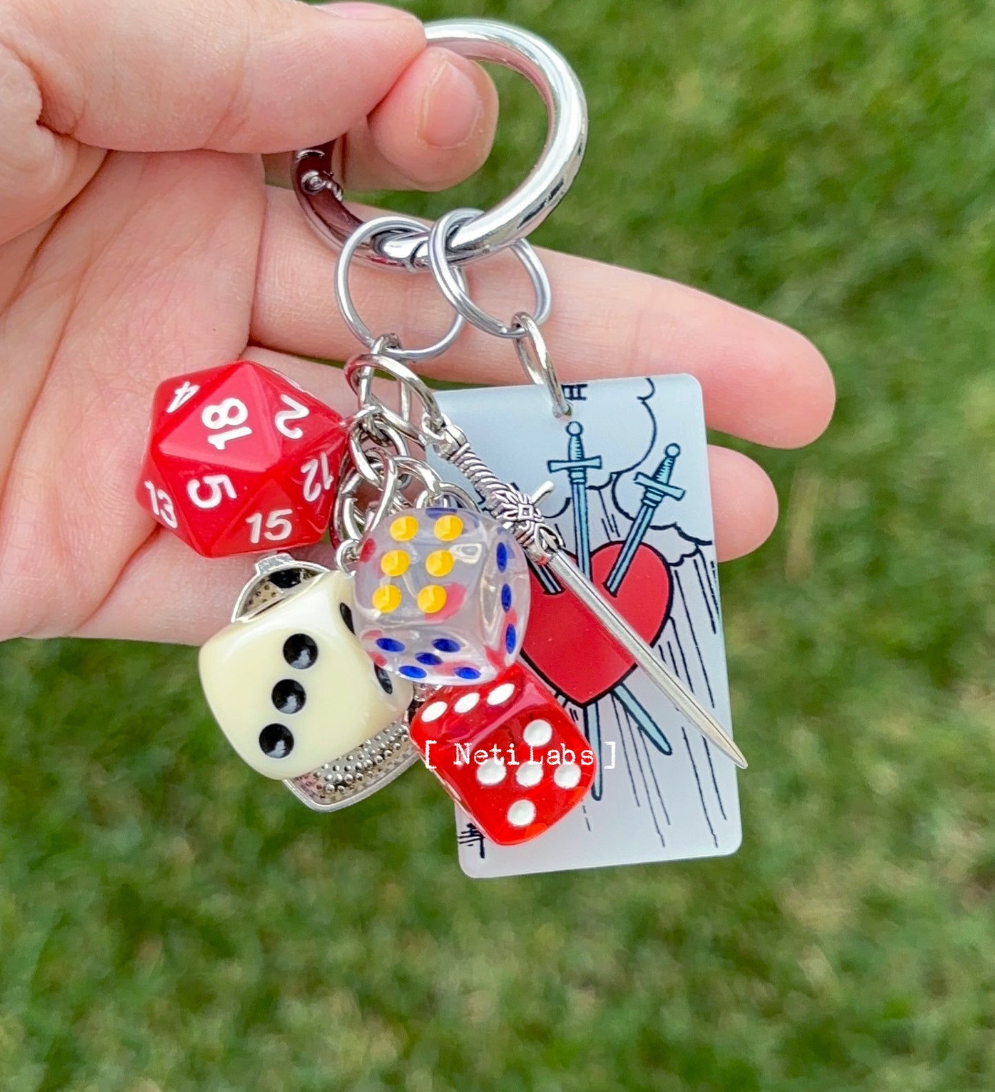 Three of Swords, Tarot Card Lucky Dice Acrylic Keychain, Rider Waite Cute Tarot Bag Charm, Heart Dice Decor Key Accessory, Handmade Witchy Gift