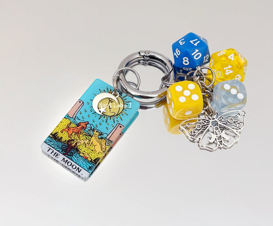 The Moon - Tarot Card Lucky Dice Keychain Acrylic, Rider Waite Tarot Bag Charm Accessory, Celestial Butterfly Dice Decor Key Unique Witchy Gift