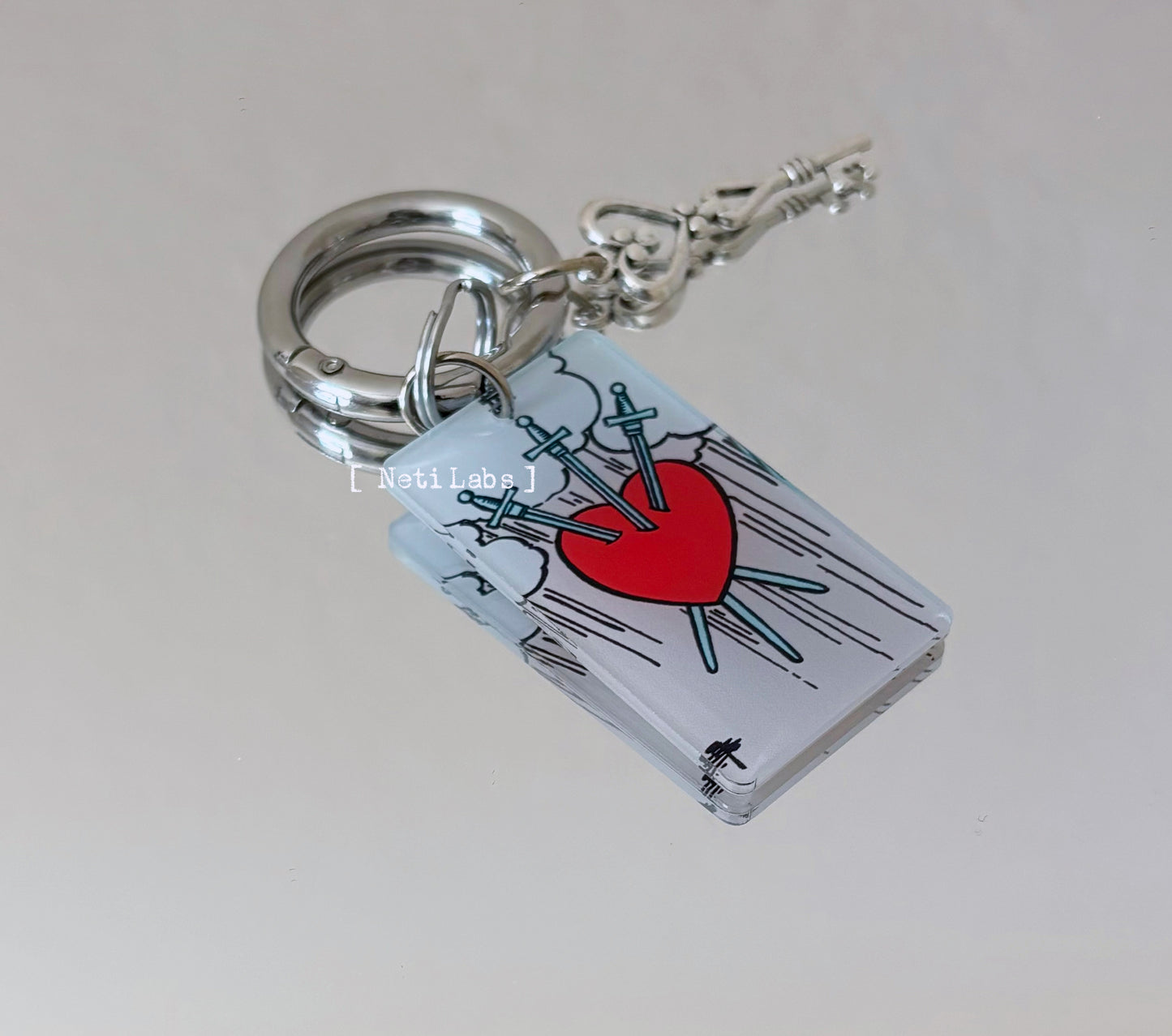 Three of Swords - Tarot Card Keychain Acrylic, Rider Waite Classic Design Minor Arcana, Tarot Accessory Decor Lucky Key Ring Witchy Cute Gift