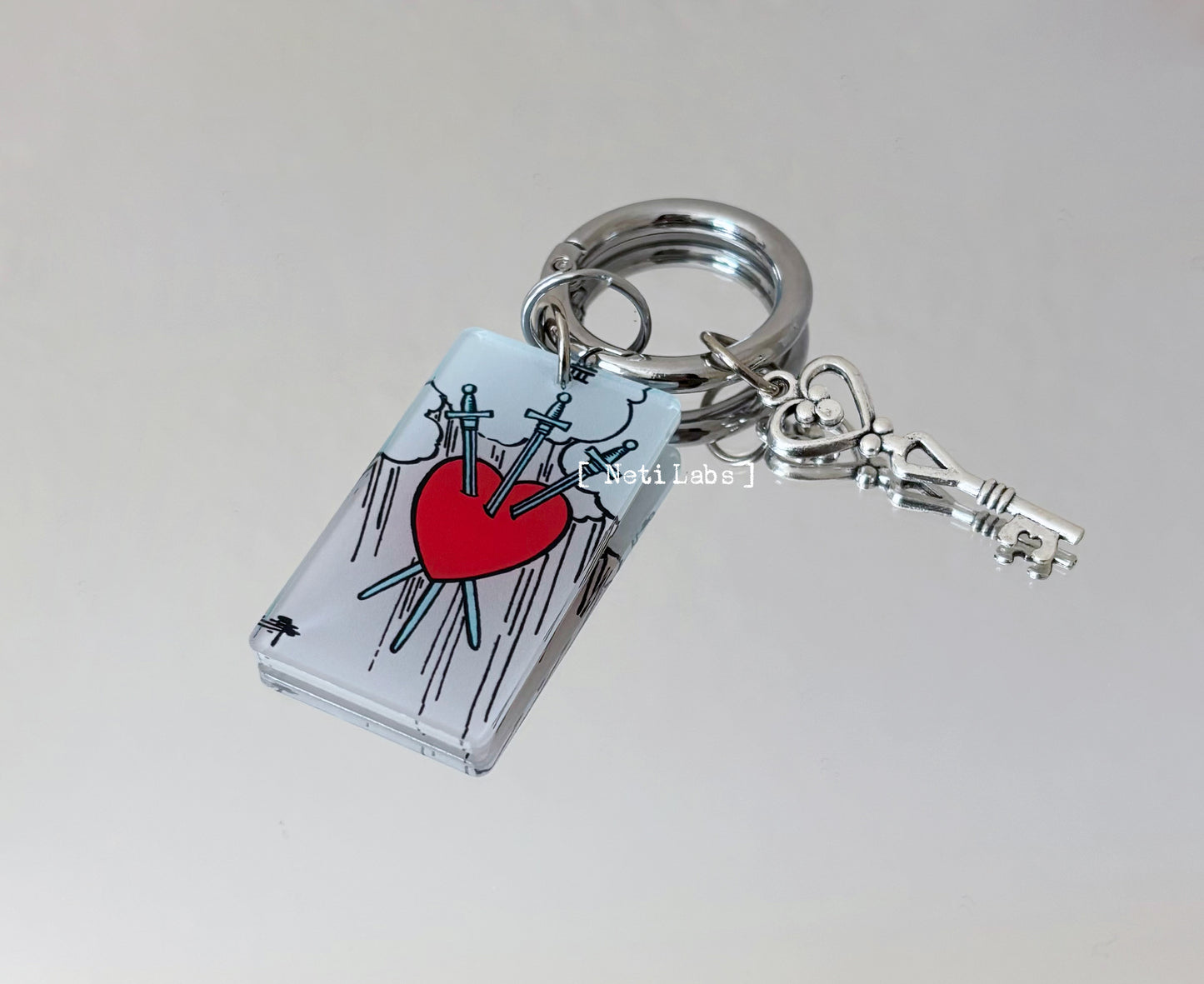 Three of Swords - Tarot Card Keychain Acrylic, Rider Waite Classic Design Minor Arcana, Tarot Accessory Decor Lucky Key Ring Witchy Cute Gift