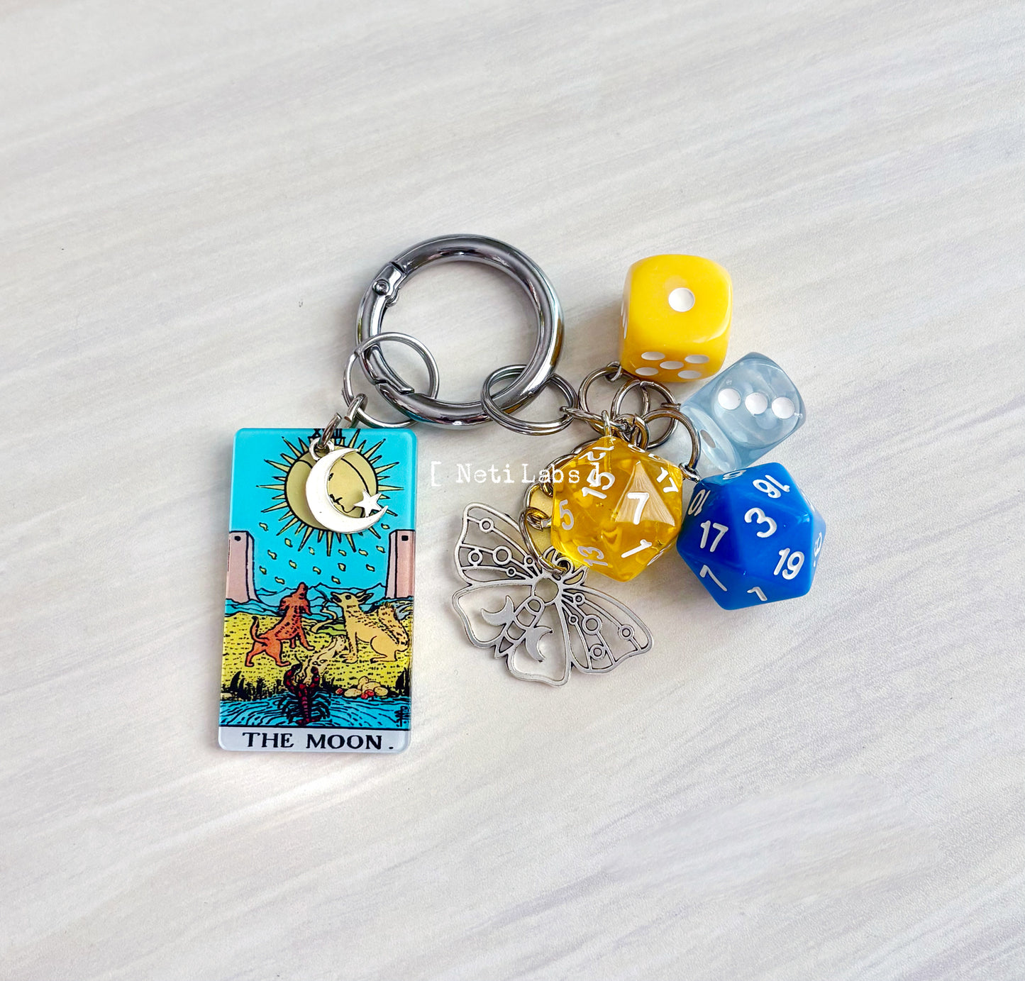 The Moon - Tarot Card Lucky Dice Keychain Acrylic, Rider Waite Tarot Bag Charm Accessory, Celestial Butterfly Dice Decor Key Unique Witchy Gift