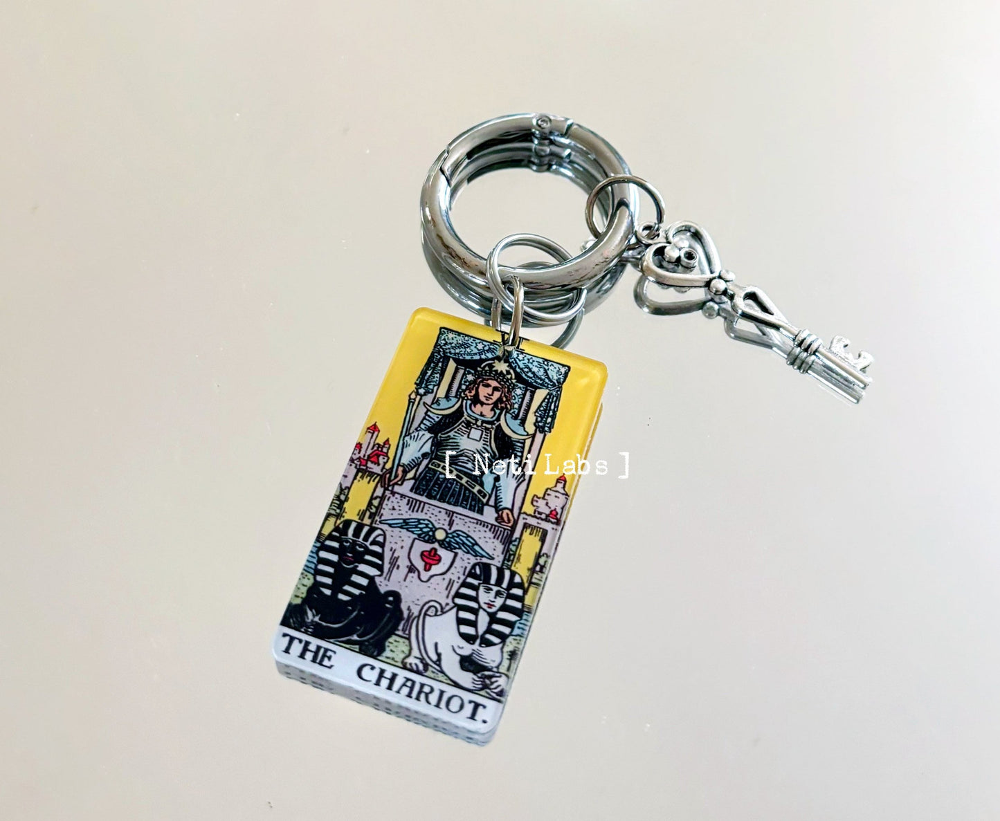 The Chariot - Tarot Card Keychain Acrylic, Rider Waite Classic Design Major Arcana, Tarot Accessory Decor, Cool Key Charm Ring Witchy Gift