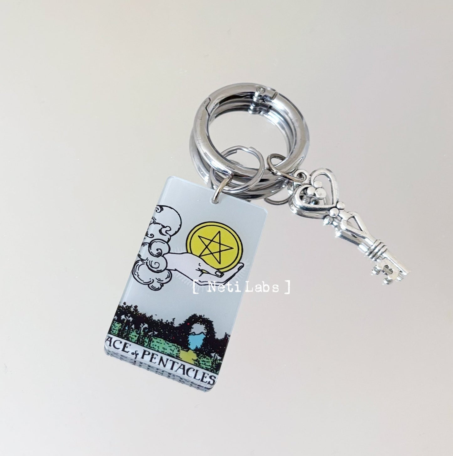 Ace of pentacles - Tarot Card Keychain Acrylic, Rider Waite Classic Design, Tarot Accessory Decor, Wealth Money Fortune Key Charm Witchy Gift