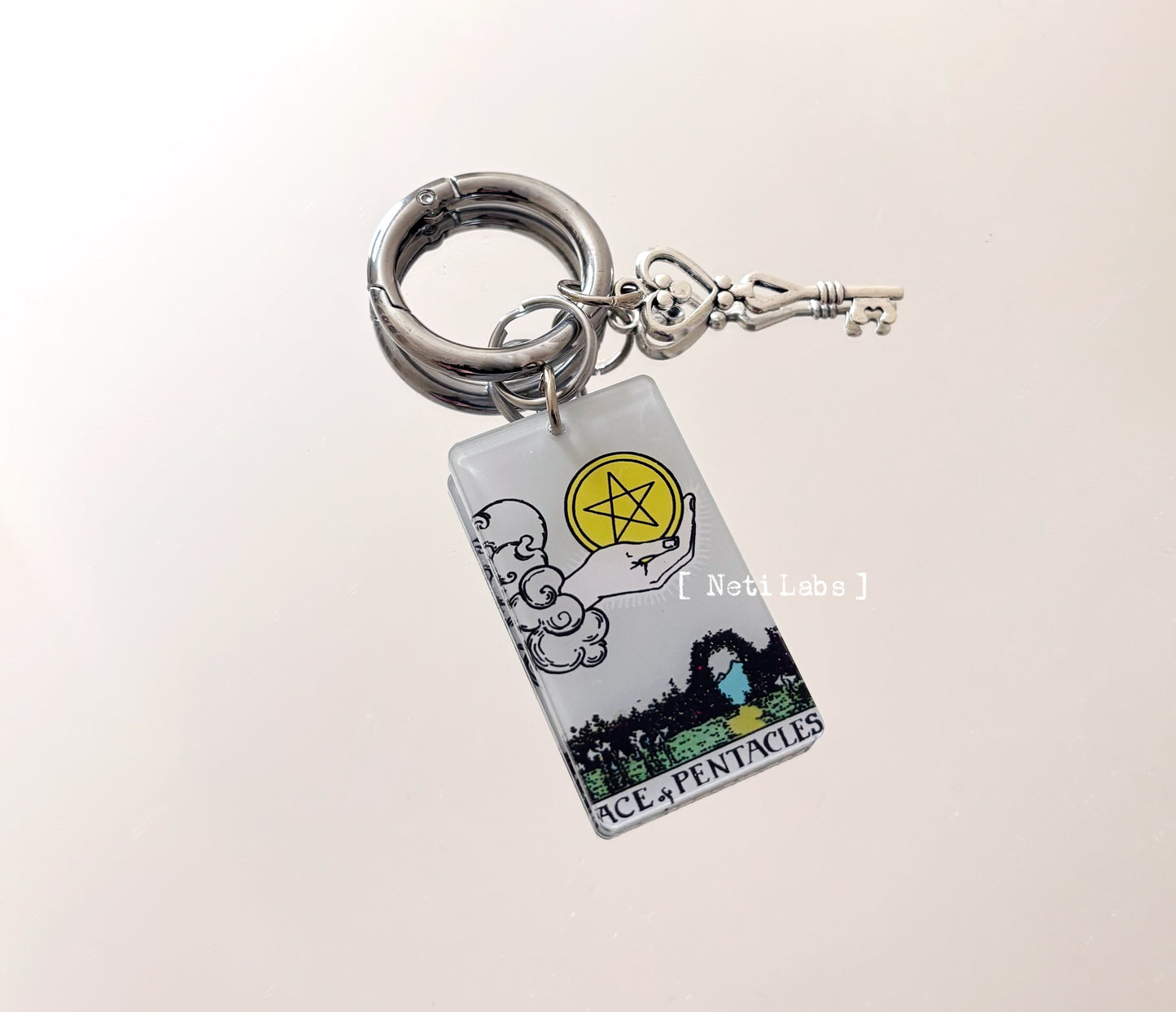 Ace of pentacles - Tarot Card Keychain Acrylic, Rider Waite Classic Design, Tarot Accessory Decor, Wealth Money Fortune Key Charm Witchy Gift